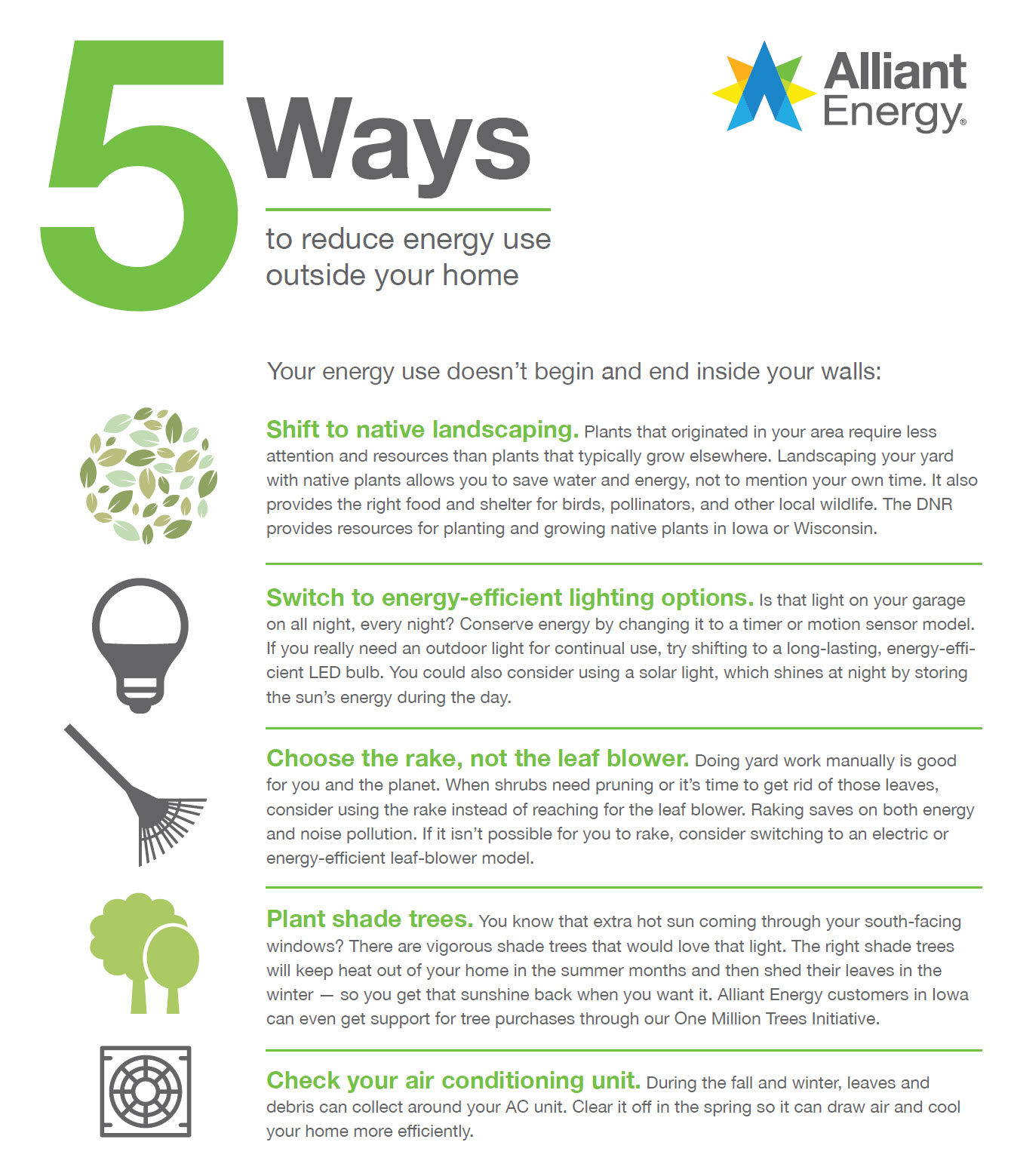 Five ways to reduce energy outside your home infographic