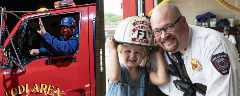 Two photographs of a fire fighter, one in a truck and one with a child