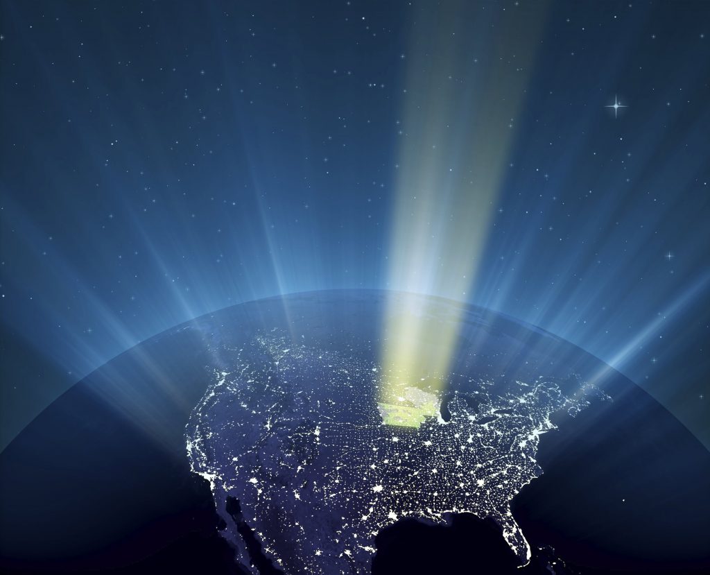 U.S. from space with Iowa and Wisconsin illuminated